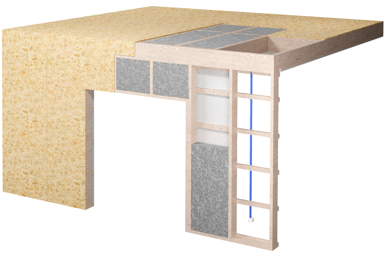 Combinaison d'un mur et d'un plancher à ossature bois avec isolant dans l'ossature et gaines électriques
