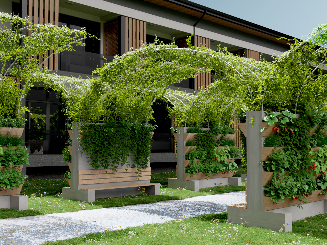 Succession de Murs-Ombrière Végétaux en vis-à-vis pour créer des arches d'ombre et de verdure
