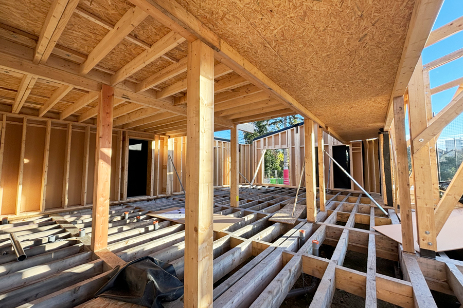 Chantier ossature bois, murs, planchers et charpente